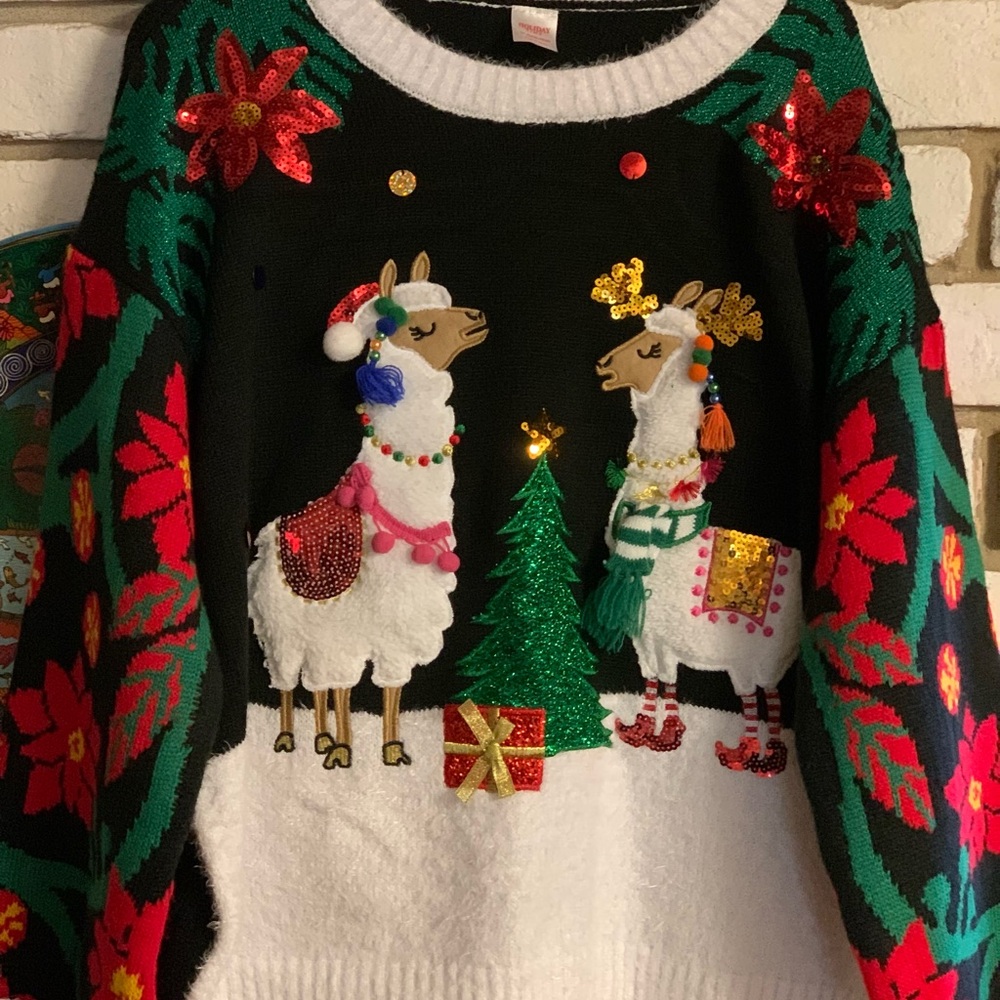 Holiday Time Festive Llama Sweater - Black, White, Red, Green